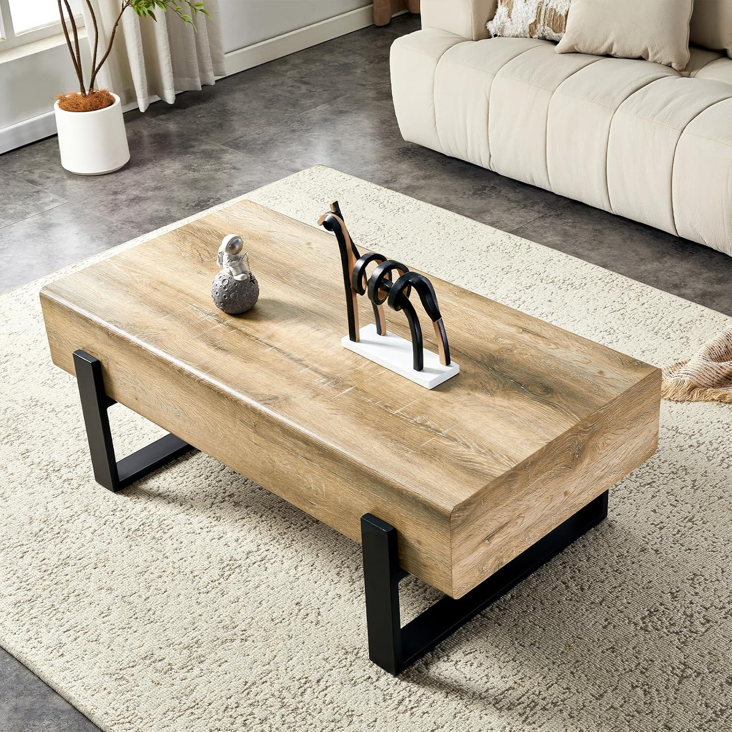 47.24' Rectangle Coffee Table, Wood Coffee Table Center Table with 7.8' Thick Tabletop Metal Legs Rounded Corners for Living Room Office, Natural Wood