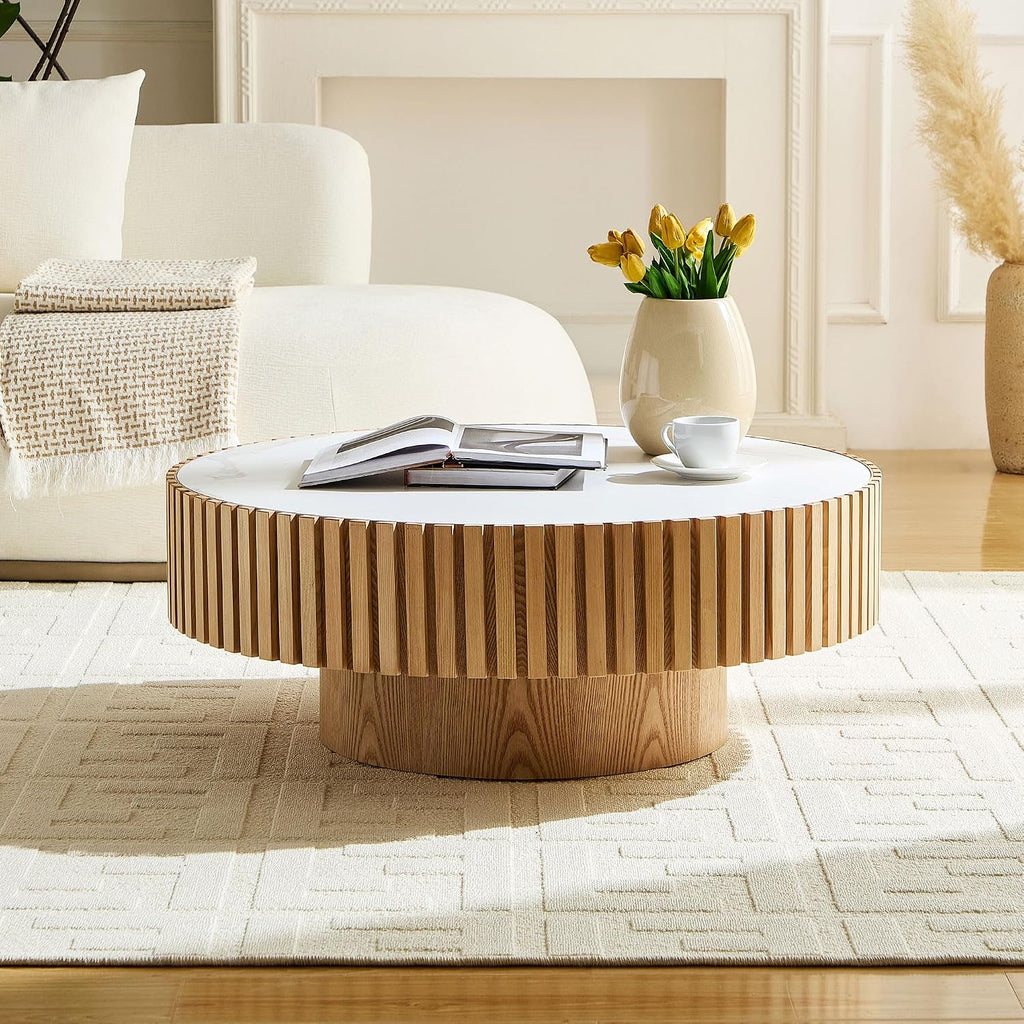 WILLIAMSPACE 35.43' Round Coffee Table with Sintered Stone Tabletop, Modern Farmhouse Wood Circle Drum Center Table for Living Room, Accent Side End Table for Apartment, 13.77' H (Oak+White)
