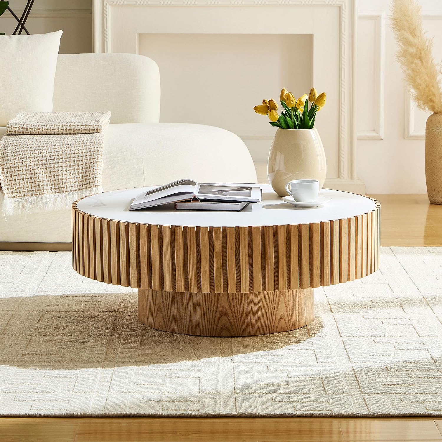 WILLIAMSPACE 35.43' Round Coffee Table with Sintered Stone Tabletop, Modern Farmhouse Wood Circle Drum Center Table for Living Room, Accent Side End Table for Apartment, 13.77' H (Oak+White)