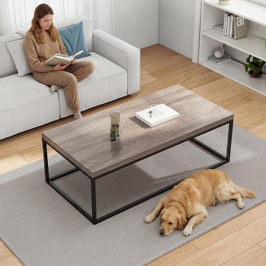 CENSI 47' Industrial Coffee Table, Rustic Grey French Oak Finish, Extra Thick 1.6' Wood Top, Sturdy Metal Frame, Modern Farmhouse Rectangular Cocktail Center Table for Living Room, Easy Assembly