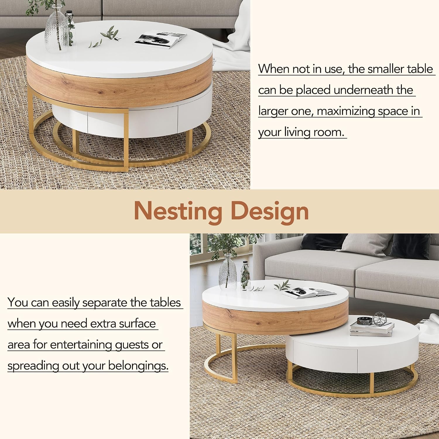 Round Lift-Top Nesting Coffee Table Set of 2, Modern Coffee Table with 2 Storage Drawers, Circular Wood Center Table Set for Living Room, Apartment, White & Oak