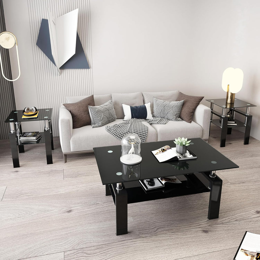 Glass Coffee Table Sets of 3 for Living Room, Mordern End Table Sofa Side Tables with Storage, Black Metal Leg, Rectangle Tempered Center Table Home Furniture Set (Black)