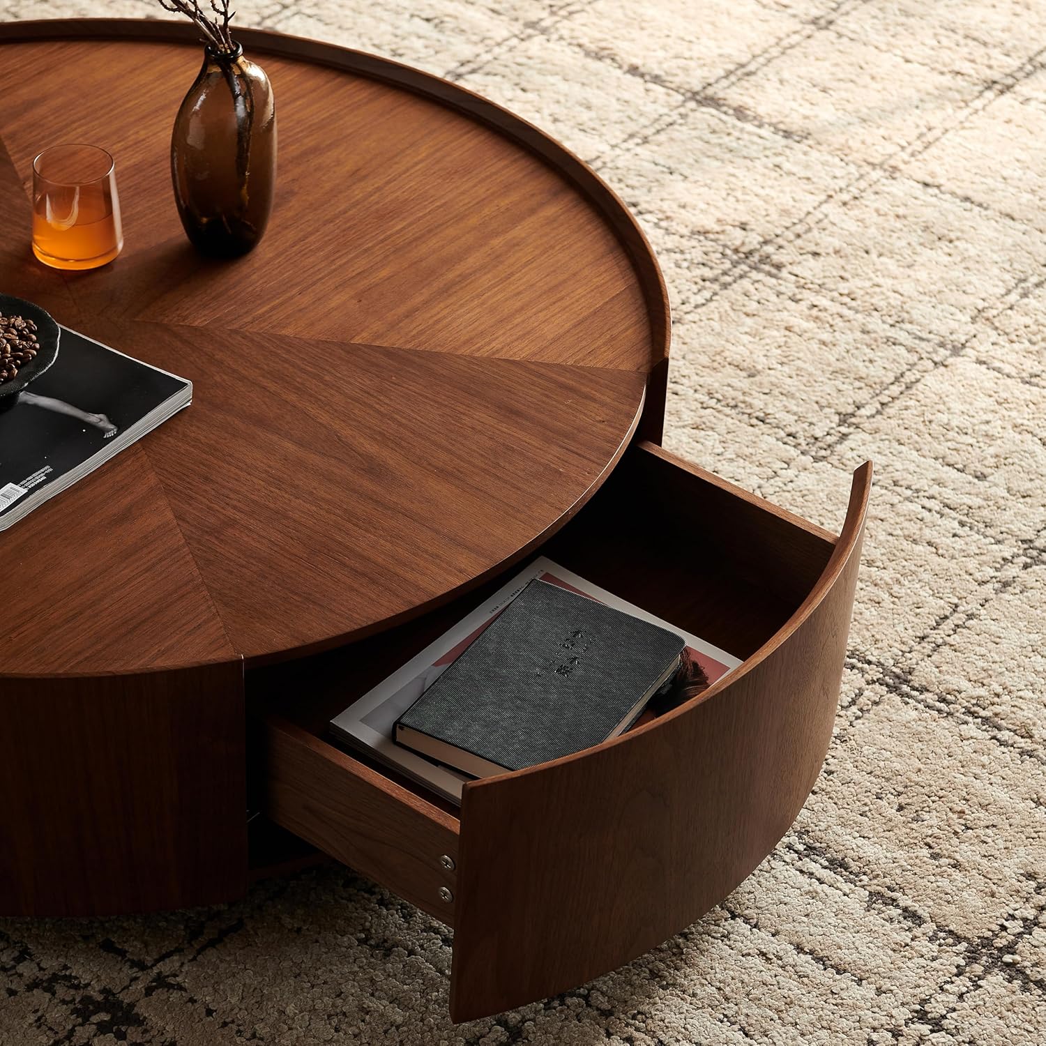 35.4' Round Drum Coffee Table with 2 Drawers, Modern Walnut Wood Storage Coffee Table, Low Profile Circle Cocktail Center Table for Living Room, No Assembly Required