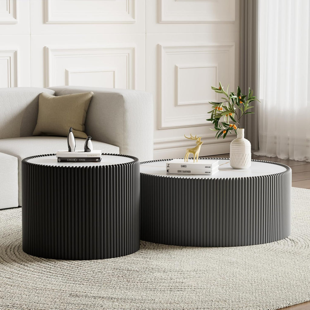 Modern Round Coffee Table Set of 2 Luxury Sintered Stone Top Coffee End Table in Grey/Black Leatherette Drum-Shape Small Coffee Side End Tables for Living Room,Fully Assembled