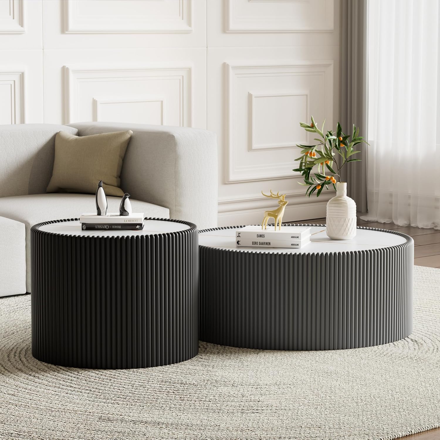 Modern Round Coffee Table Set of 2 Luxury Sintered Stone Top Coffee End Table in Grey/Black Leatherette Drum-Shape Small Coffee Side End Tables for Living Room,Fully Assembled