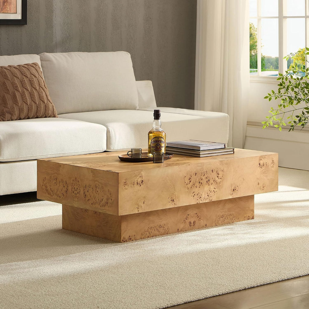 WILLIAMSPACE 43.31' Rectangle Coffee Table with Burl Wood Veneer & Sturdy Base, Modern Luxury Wood Drum Center Table End Table Accent Side Table for Living Room, Minimalist Fluted Design, Oak
