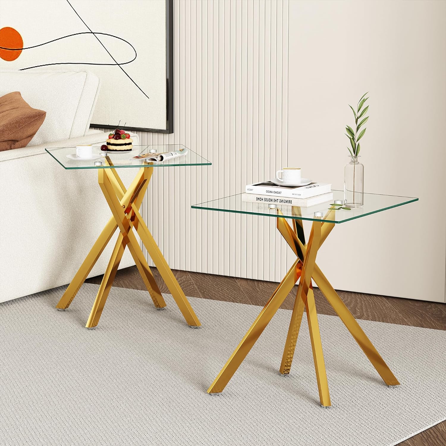 Glass Coffee Table Set of 3 Piece, Living Room Tables Set of 3 Pcs, Including 1 Coffee Table and 2 End Side Tables, Metal Frame, Tempered Glass, for Small Space, Apartment (Golden, W39.37' + W17.72')