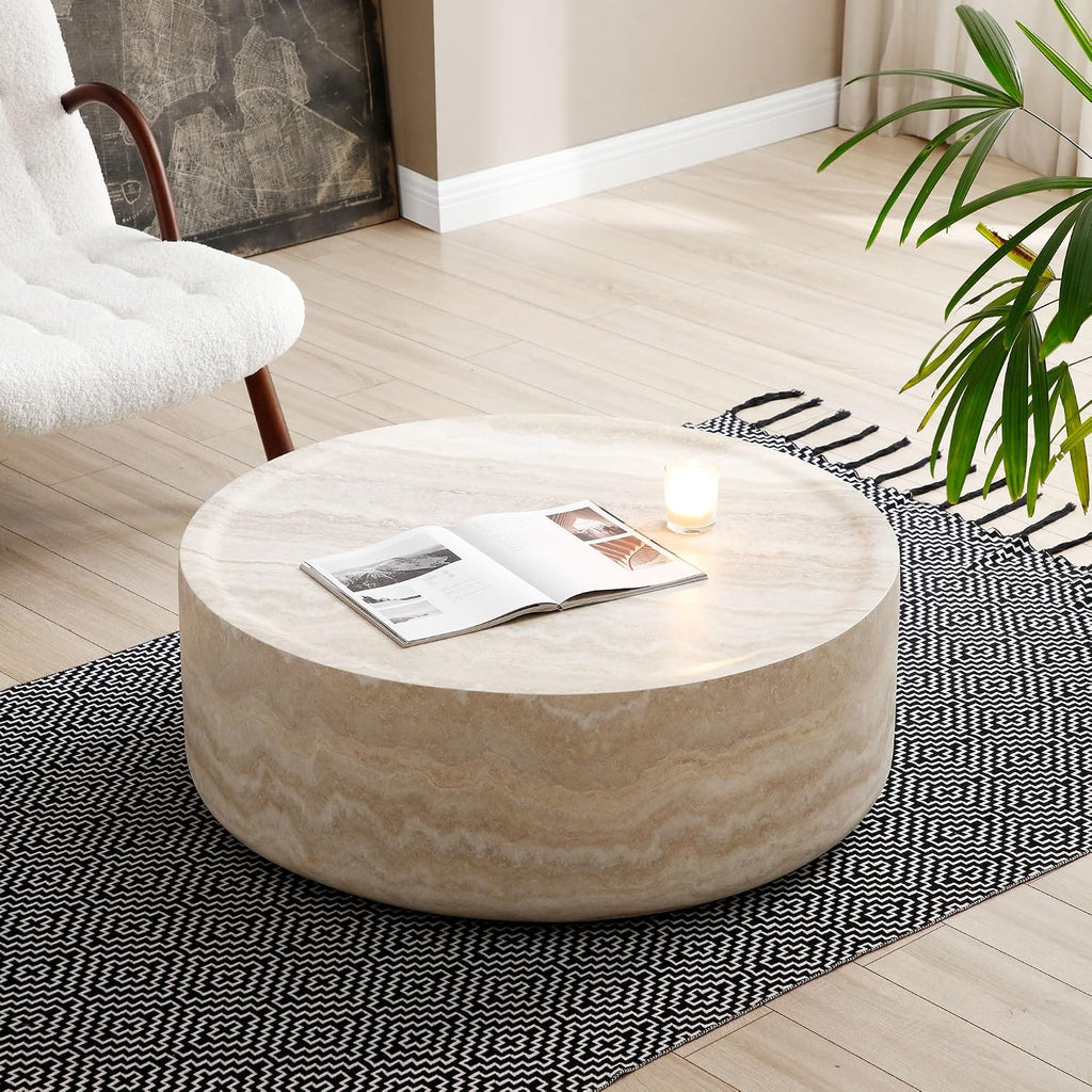 Round Mars Pattern Coffee Table for Living Room Modern Faux Stone Coffee Tables for Apartment, No Need Assembly, Fiberglass Material Faux Travertine Textured Marble Pattern (ø35.43' x 12')