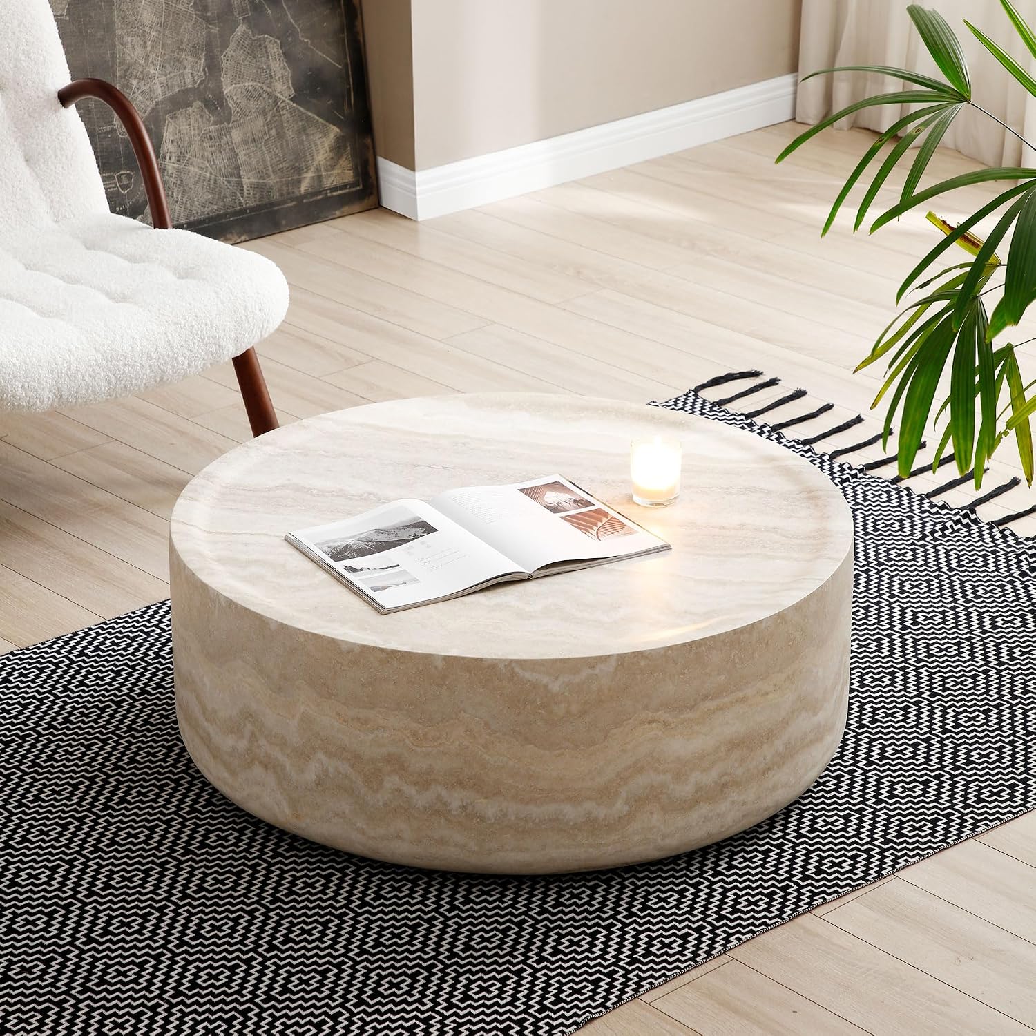 Round Mars Pattern Coffee Table for Living Room Modern Faux Stone Coffee Tables for Apartment, No Need Assembly, Fiberglass Material Faux Travertine Textured Marble Pattern (ø35.43' x 12')