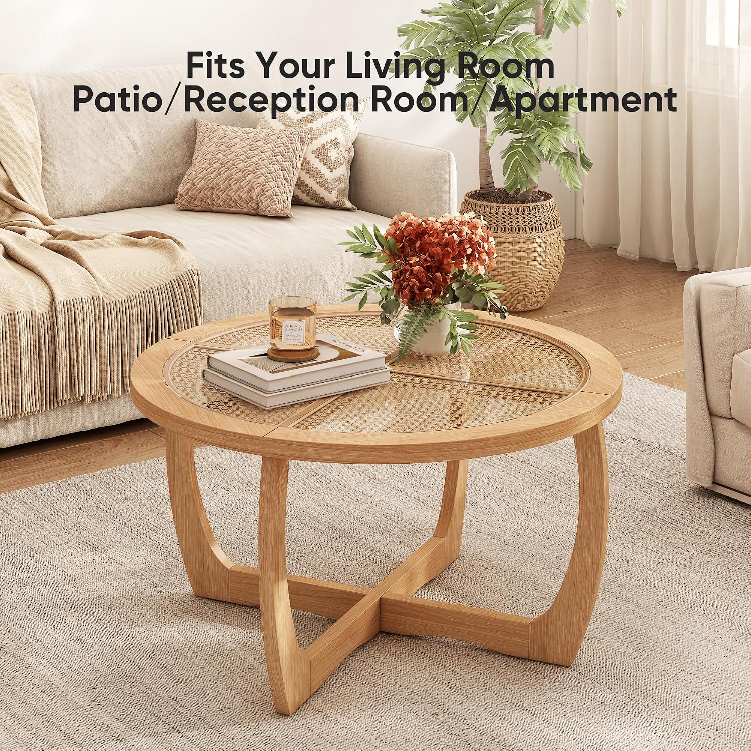PADMA HOUSE Round Wood Coffee Table with Glass Rattan Top, Wooden Circle Center Table with Curved Legs & Removeable Tempered Glasstop, Cocktail Table for Living Room, Light Brown 32.28' x 18.15'