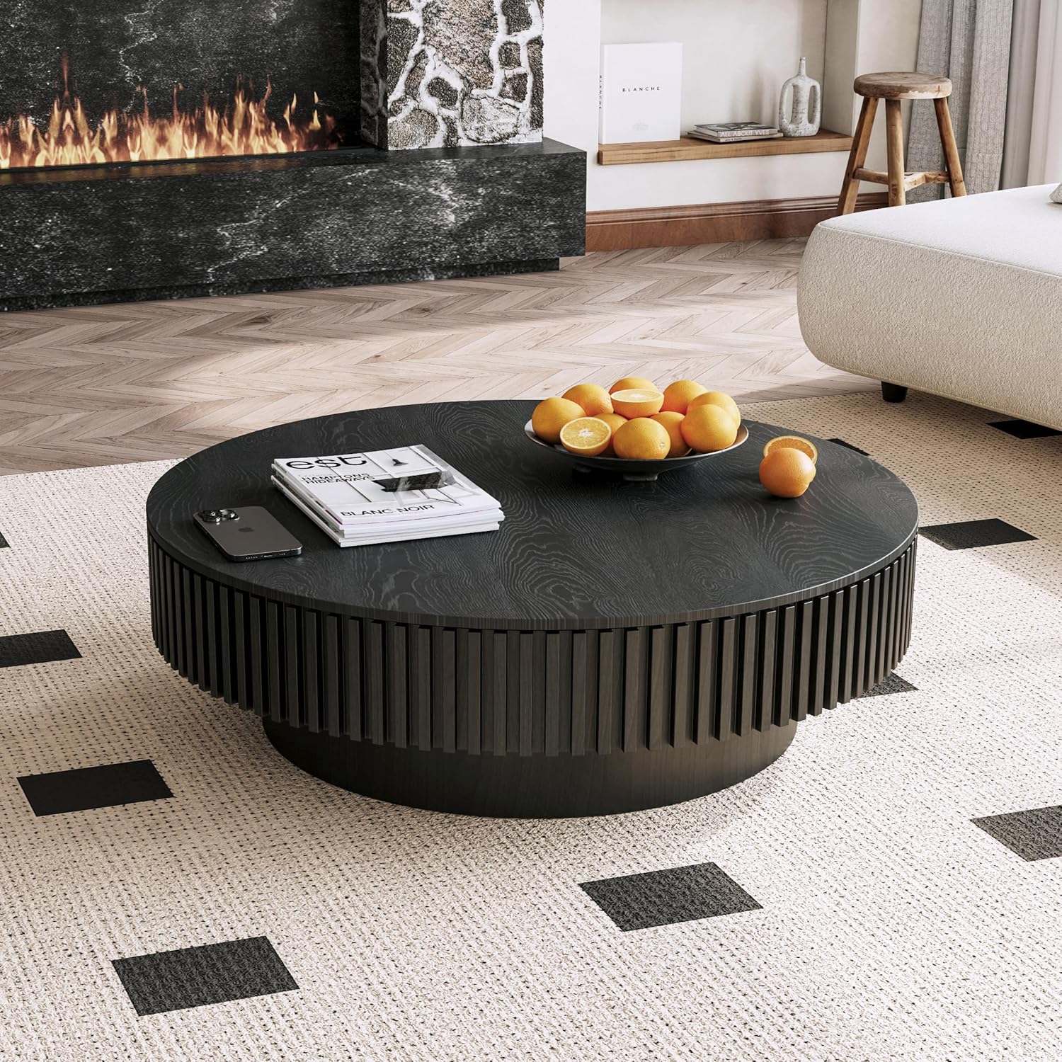 39' Round Coffee Table with Hidden Storage Compartment, Modern Handcraft Fluted Drum Coffee Table, Wooden Circle Center Table Cocktail Tea Table with Sturdy Pedestal for Living Room, Black