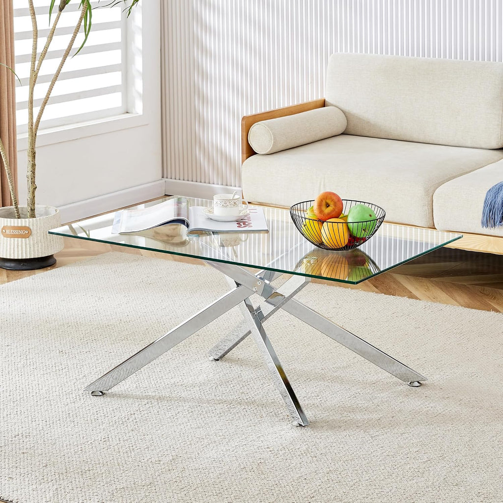 Glass Coffee Table Set of 3 Piece, Living Room Tables Set of 3 Pcs, Including 1 Coffee Table and 2 End Side Tables, Metal Frame, Tempered Glass, for Small Space, Apartment (Silver, W39.37' + W17.72')