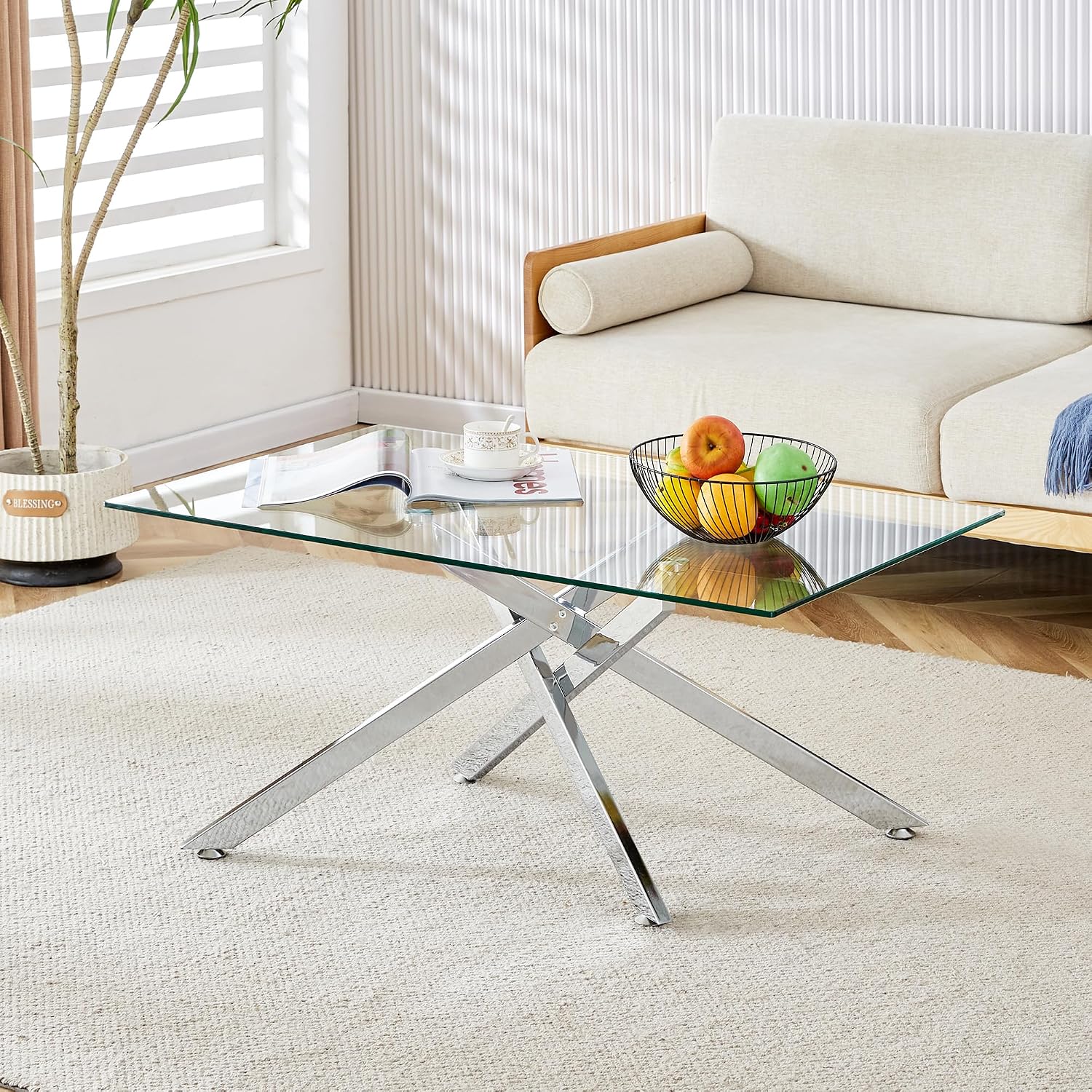 Glass Coffee Table Set of 3 Piece, Living Room Tables Set of 3 Pcs, Including 1 Coffee Table and 2 End Side Tables, Metal Frame, Tempered Glass, for Small Space, Apartment (Silver, W39.37' + W17.72')