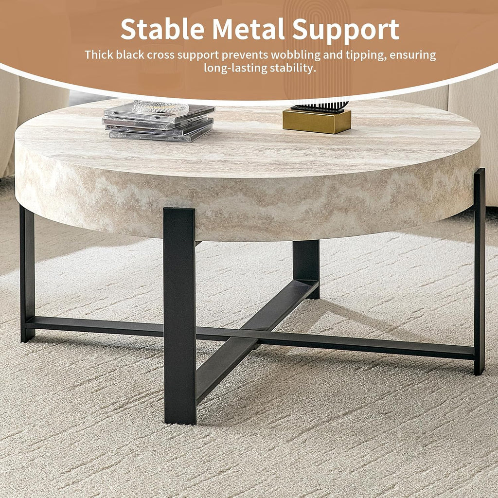 Modern Round Coffee Table Marble Coffee Table with Storage Travertine Stone Coffee Tables for Living Room Small Space Apartment
