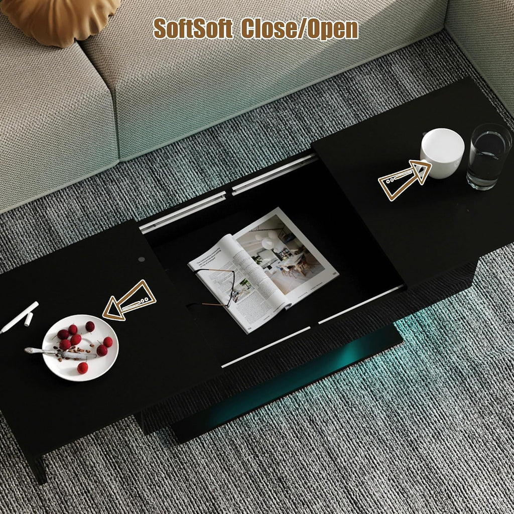 HedoAjim Black LED Coffee Table with Storage for Living Room, Living Room Table Rectangular Center Table, Modern High Glossy Wooden Coffee Tables for Dining Reception Room