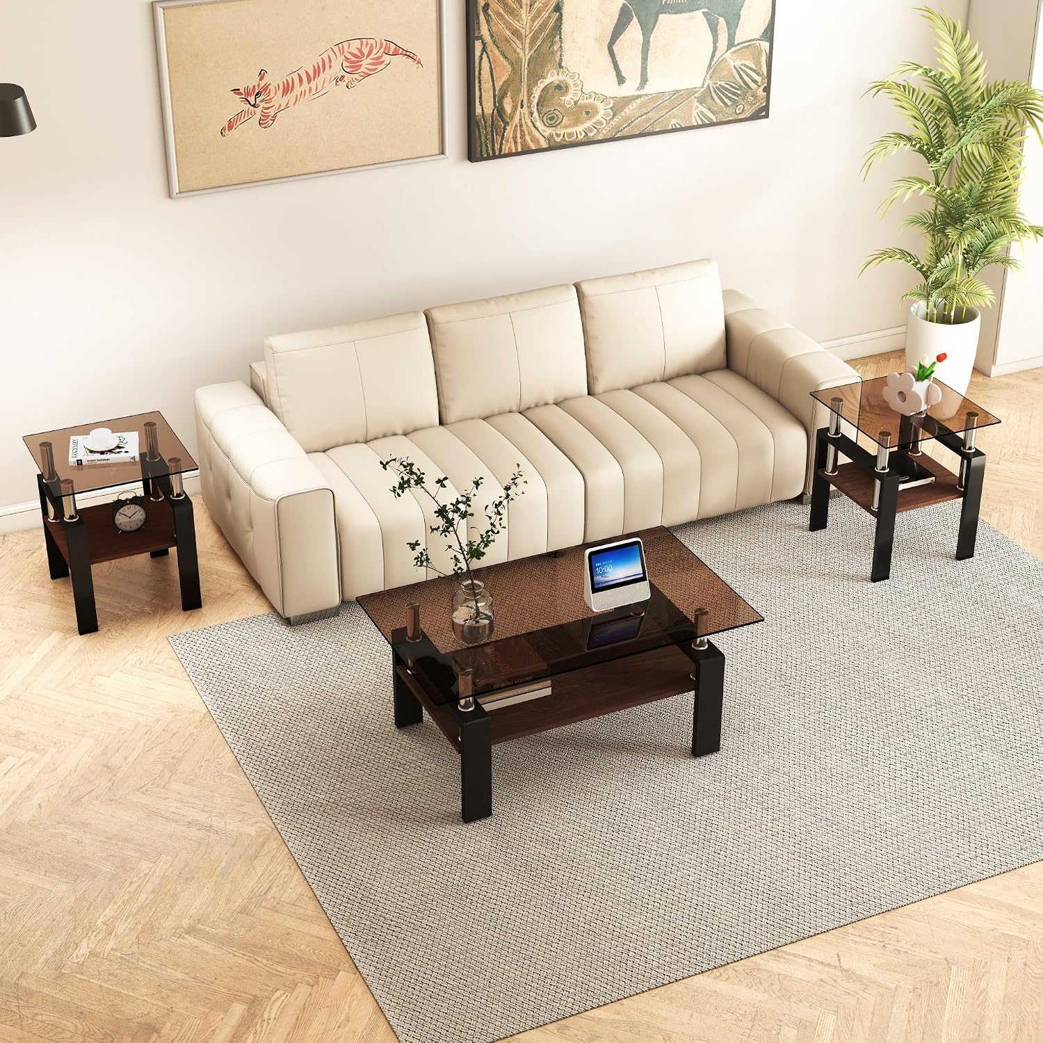 Brown Glass Coffee Table Sets of 3 for Living Room, 39' Mordern End Tables with Storage, Walnut Wooden Shelves & Black Metal Leg, Rectangle Center Table for Small Space Apartment