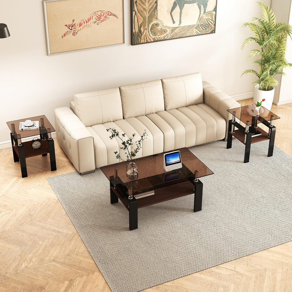 Glass Coffee Table Sets of 3 for Living Room, Mordern End Tables with Storage, Walnut Wooden Shelves & Black Metal Leg, Rectangle Center Table for Small Space Apartment (Brown+Black)