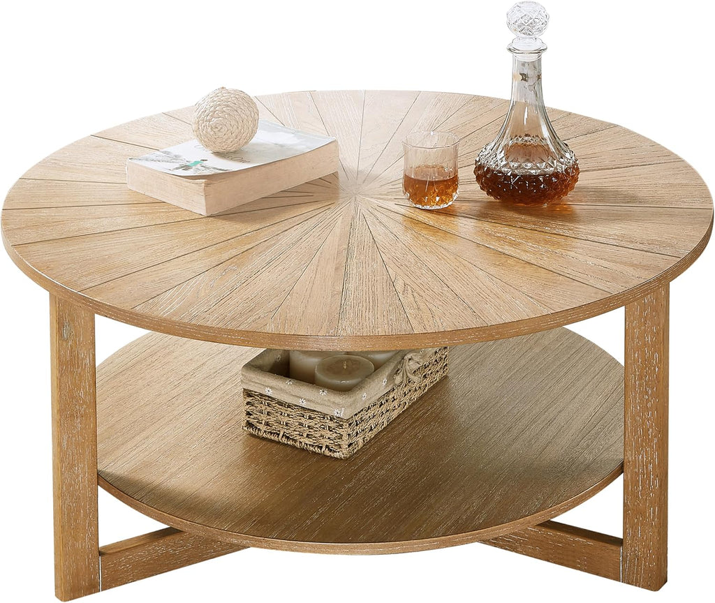 Round Coffee Table, 35' Circle Wood Coffee Table with Storage Shelf, 2 Tier Center Table for Living Room Apartment Home Furniture, Easy Assembly (Light Brown,35' Dx35 Wx18 H)