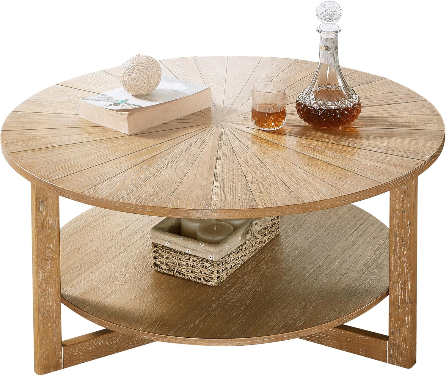 Round Coffee Table, 35' Circle Wood Coffee Table with Storage Shelf, 2 Tier Center Table for Living Room Apartment Home Furniture, Easy Assembly (Light Brown,35' Dx35 Wx18 H)