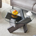 33.4'' Tempered Glass Round Coffee Table for Living Room, Modern Circle Coffee Table, Glass Tabletop & Wood Base, Easy Assembly, Gray