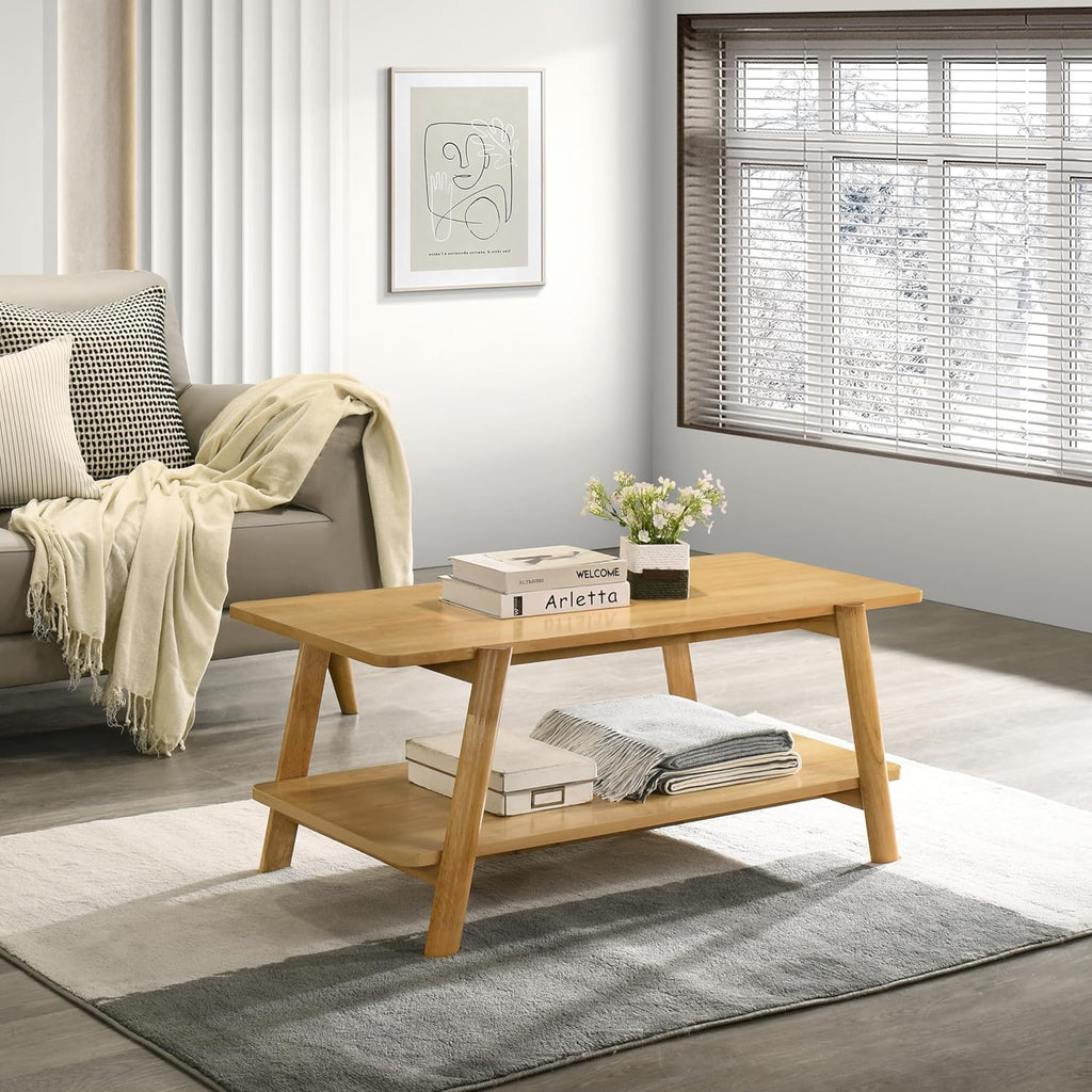 Roundhill Furniture Metz 3-Piece Coffee Table Set, Coffee Table and Two End Tables, Natural Oak Finish