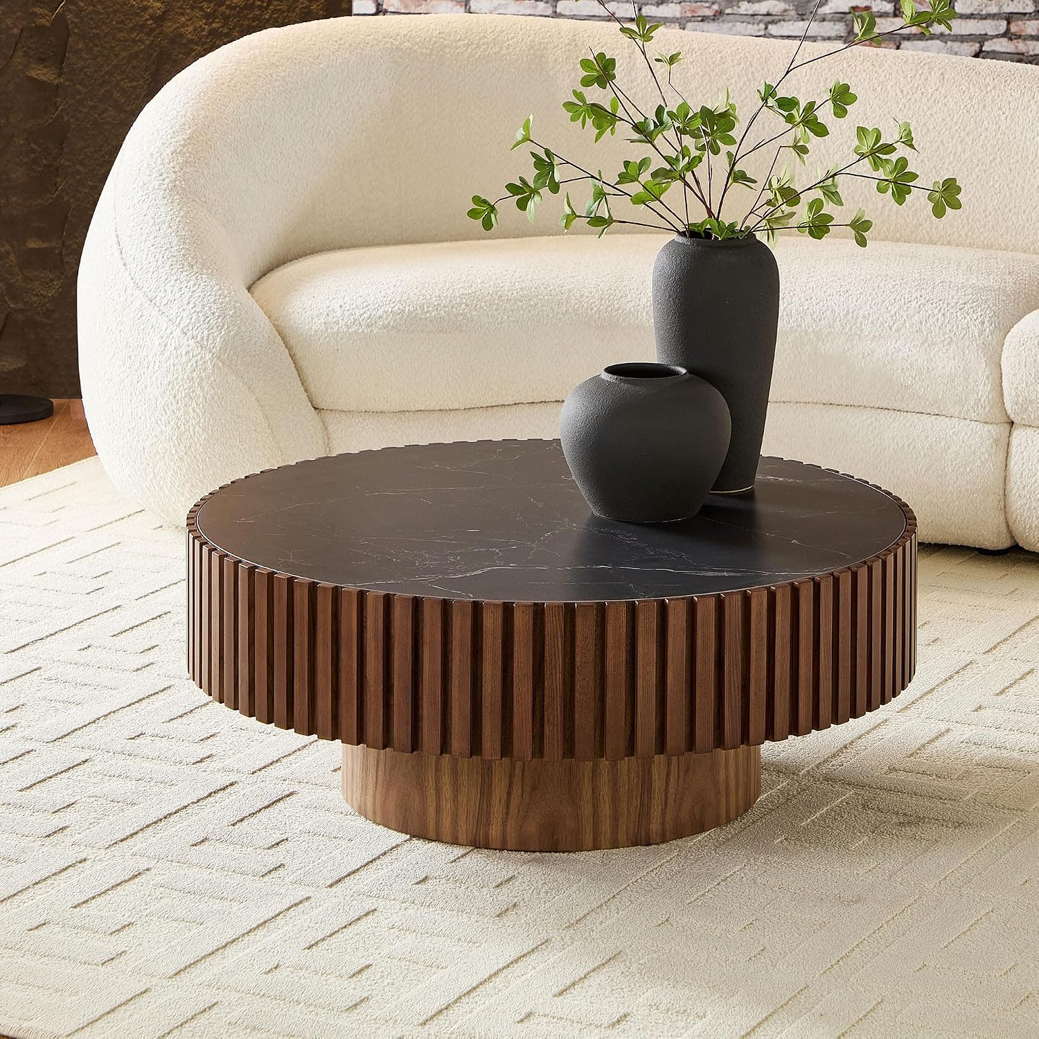 WILLIAMSPACE 35.43' Round Coffee Table with Sintered Stone Tabletop, Modern Farmhouse Wood Circle Drum Center Table for Living Room, Accent Side End Table for Apartment, 13.77' H (Walnut+Black)