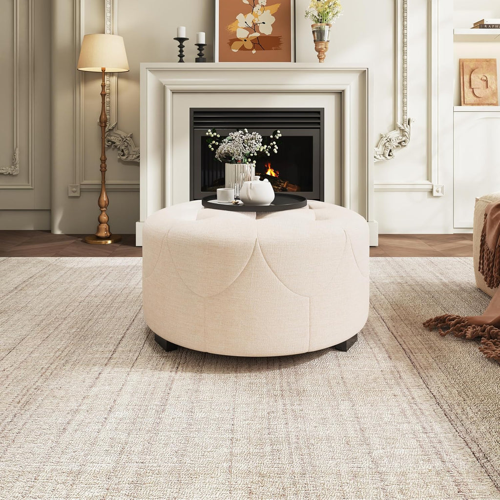 Christopher Knight Home York Linen Fabric Upholstered Ottoman, Wooden Round Ottoman Coffee Table, Modern Living Room Ottoman Foot Stool, Extra Seat Sofa Footrest, Beige
