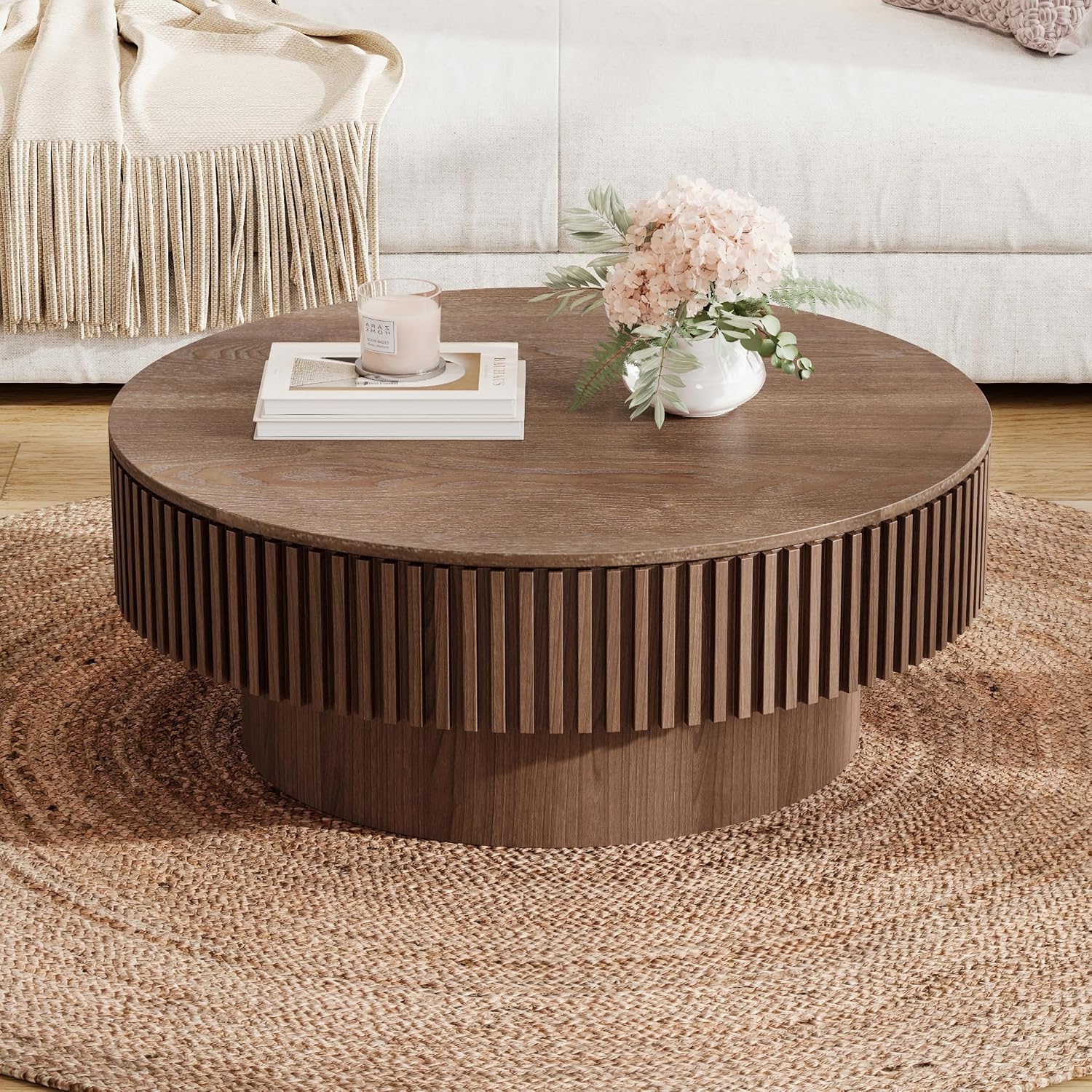 31.5x31.5x14 Inch Round Coffee Table with Storage for Living Room, Modern Wooden Circle Center Table with Solid Wood Veneer, Walnut