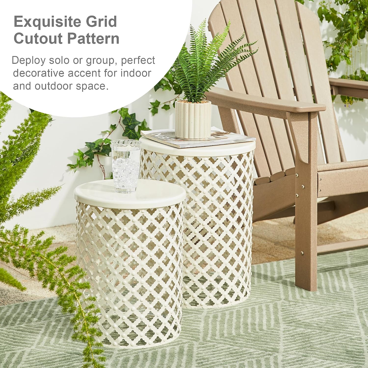 Glitzhome Accent Tables Living Room Set of 2, Round Metal Side End Table, Small Circle Coffee Bedside Table, Planter Stand for Couch Nightstand Bedroom Patio Backyard, Glossy White