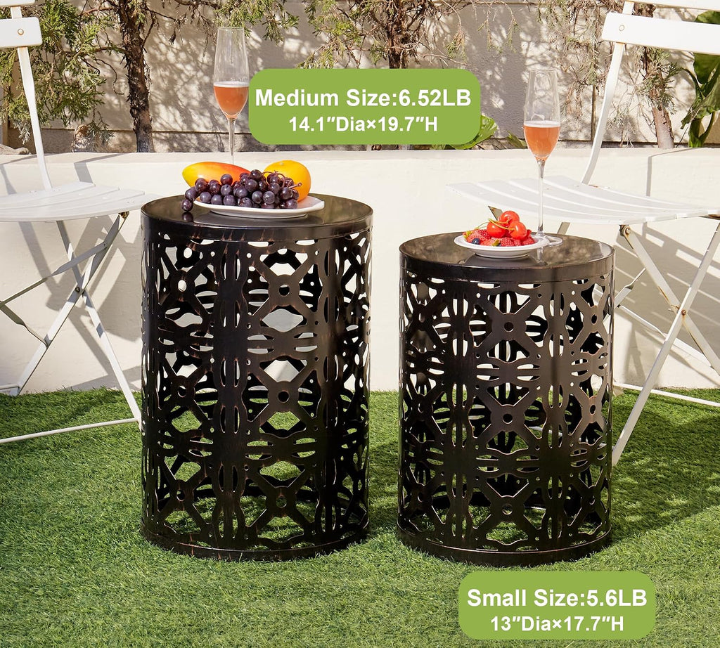 HFHOME Set of 3 Metal Outdoor Side Table, Nesting Round Coffee Table for Indoor Outdoor, Heavy Duty End Tables Plant Stand Living Room Garden Stool - Bronze