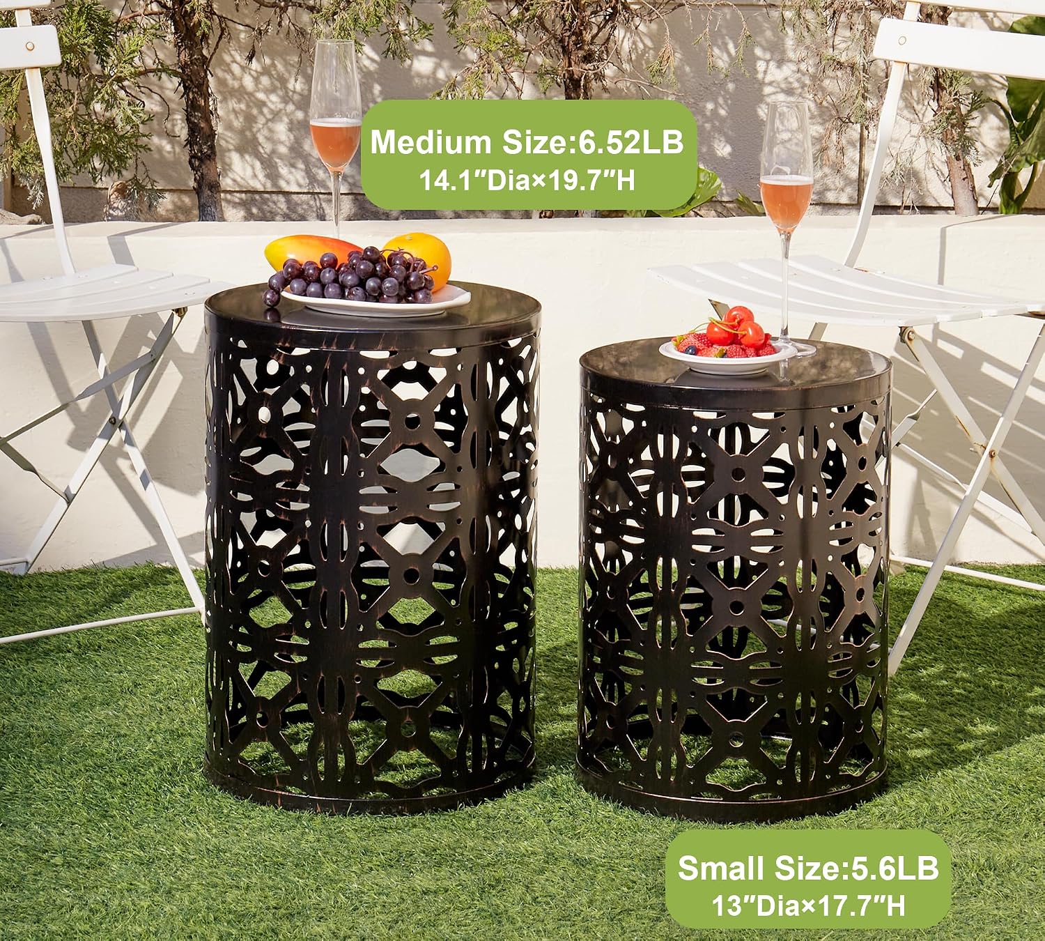 HFHOME Set of 3 Metal Outdoor Side Table, Nesting Round Coffee Table for Indoor Outdoor, Heavy Duty End Tables Plant Stand Living Room Garden Stool - Bronze