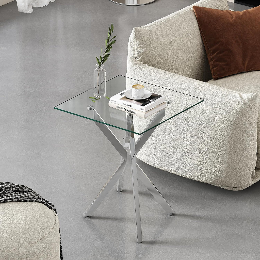 Glass 2 Piece Living Room Table Set,Glass Coffee Table and End Table Sets,Accent Table Sofa Table Sets with X-Designed Metal Legs and Tempered Glass Tabletop for Living Room Furniture (2, Silver)