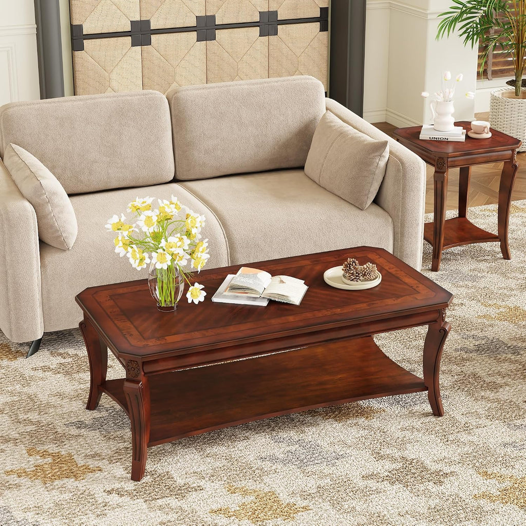 LEEMTORIG Coffee Table Set of 3 for Living Room, 3 Piece Living Room Coffee Table and End Tables Set, Vintage Wood Queen Anne Style 2-Tier Tables with Storage Shelf, Cherry Walnut KFZCJZ-A1168-WD