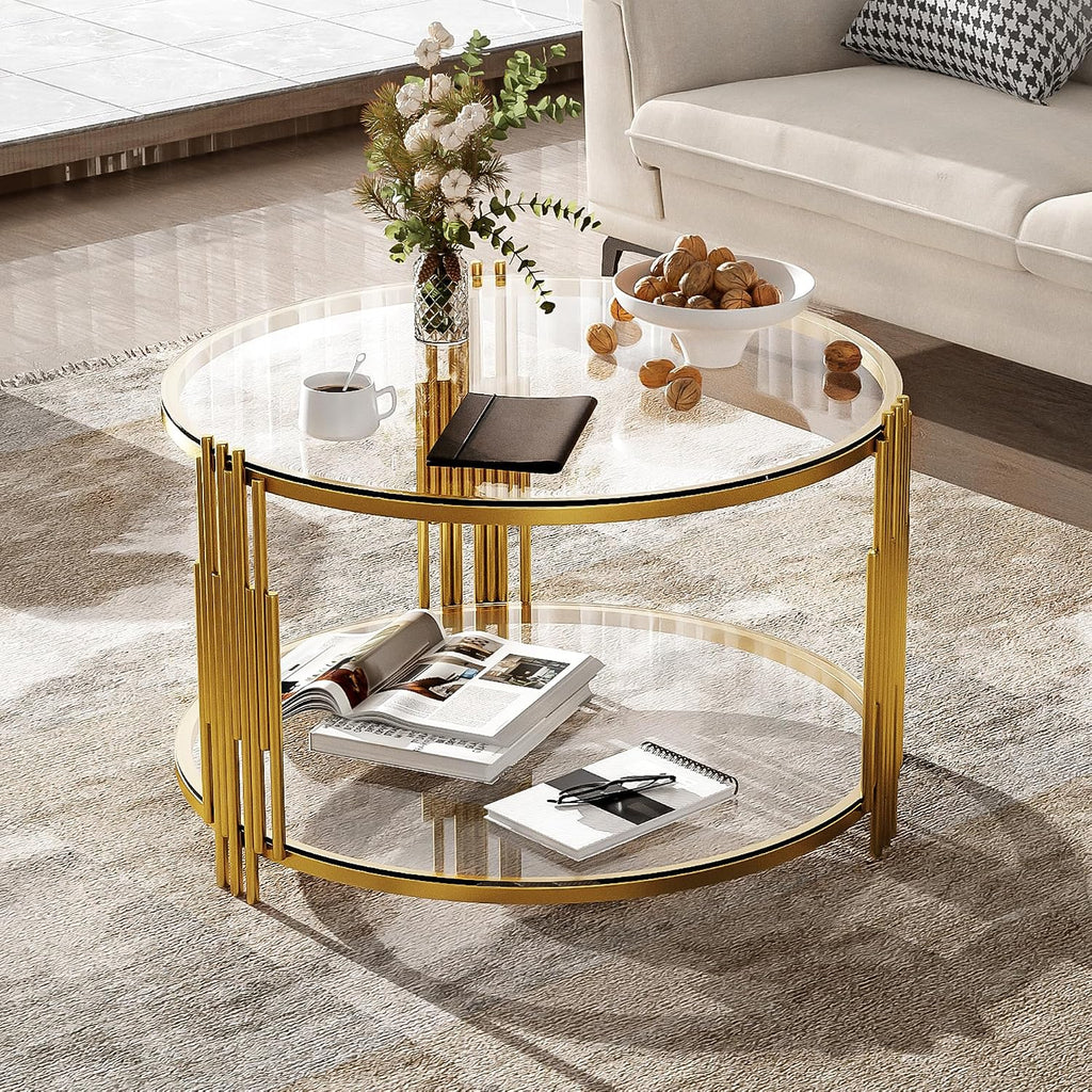 Round Glass Coffee Tables for Living Room, 2-Tier Circle Coffee Table with Metal Drum Base, 31.5' Modern Center Accent Table for Small Space, Bedroom