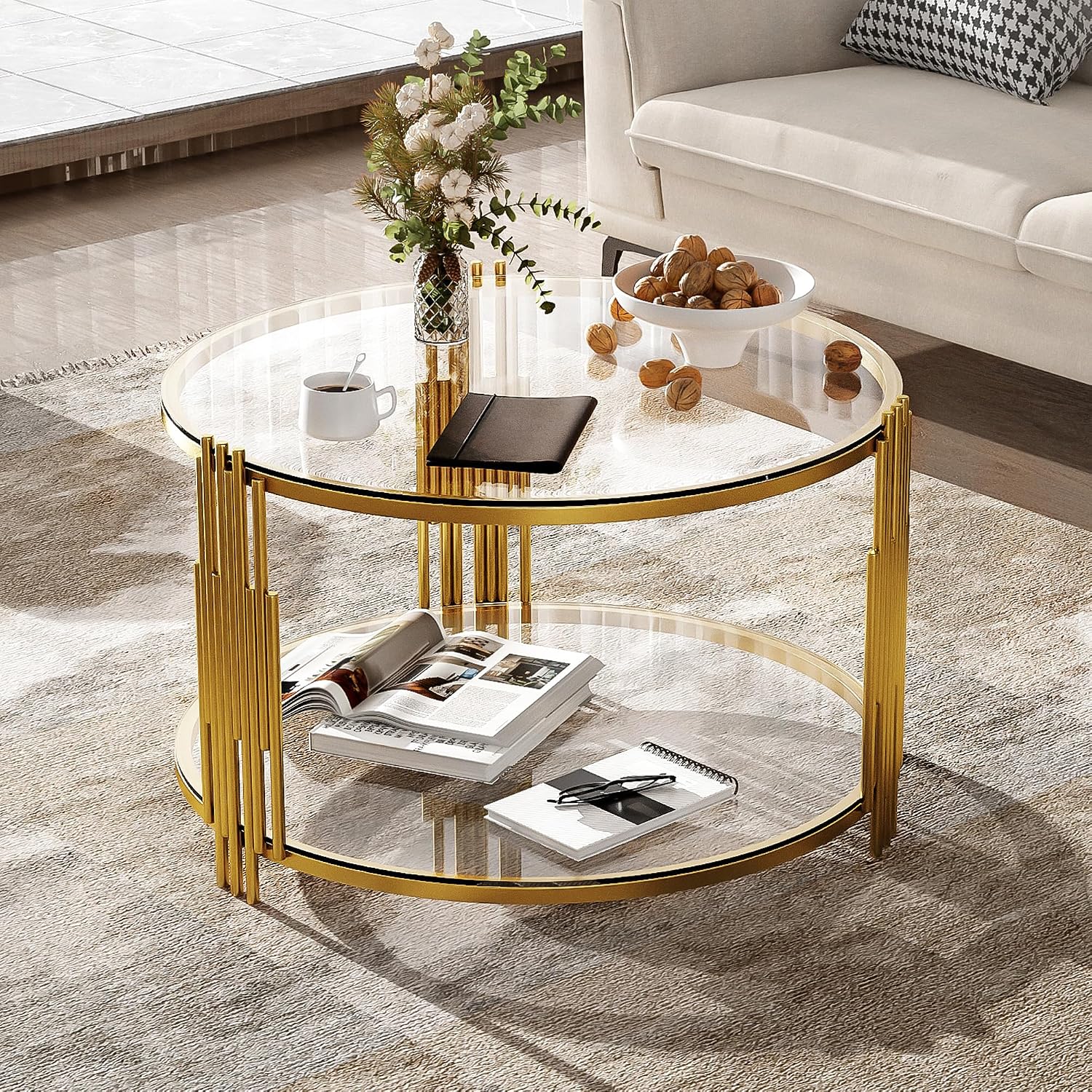 Round Glass Coffee Tables for Living Room, 2-Tier Circle Coffee Table with Metal Drum Base, 31.5' Modern Center Accent Table for Small Space, Bedroom