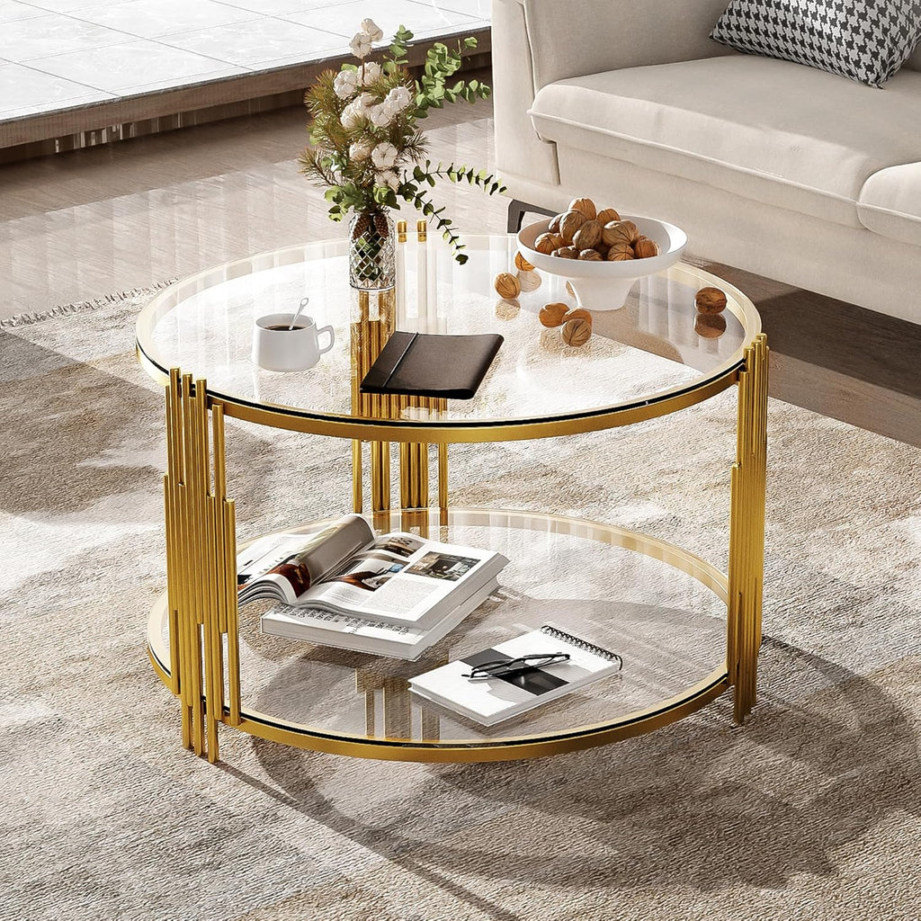 Circle Coffee Table, Tempered Glass Center Table with Asymmetrical Gold Frame and Storage Shelf, for Living Room Home Office Decor, Transparent