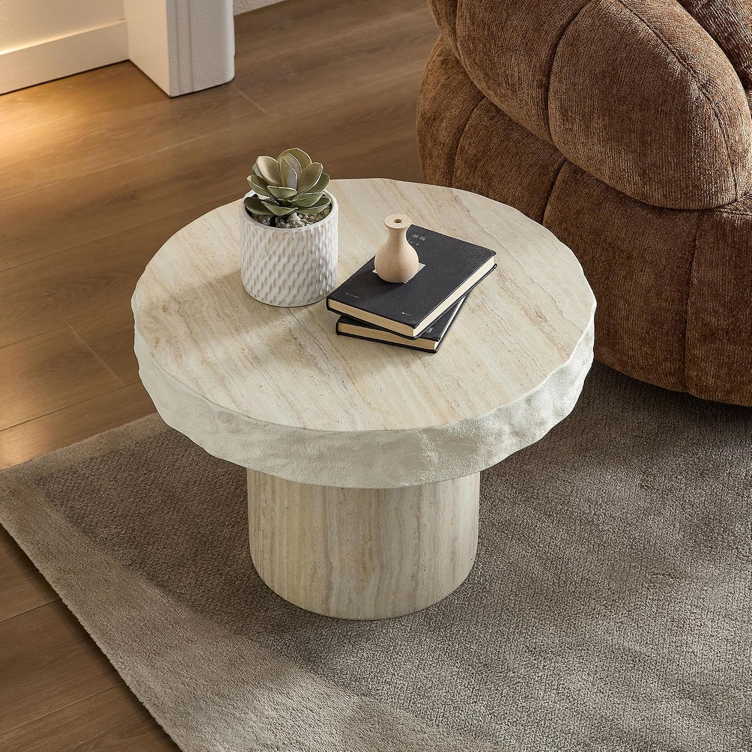 Modern End Table, 23.82'' Round Side Table, Faux Mars Top Small Drink Side Tables Accent Nightstand Living Room, Bedroom, Corners, Small Space, Full Assembly Beige