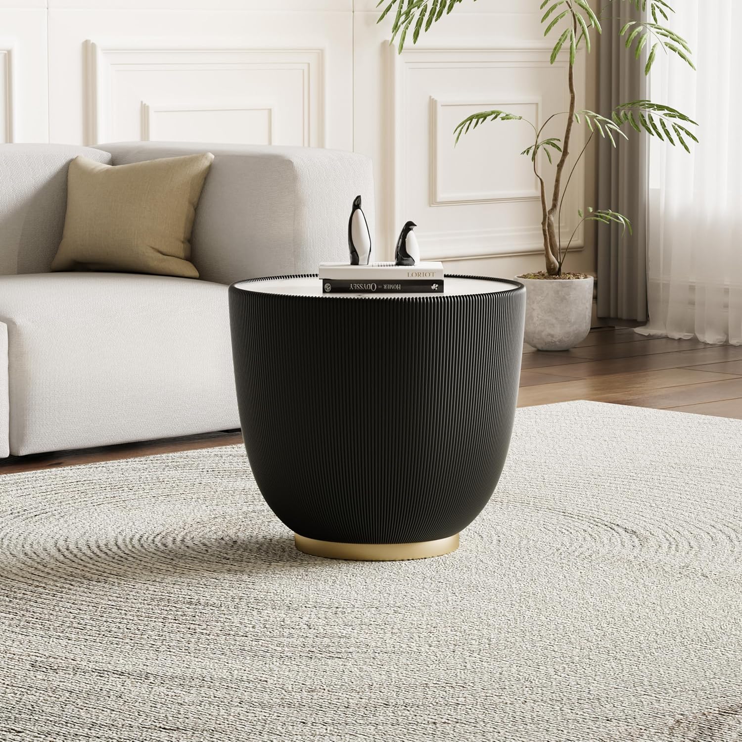 Black Round Side Table, 19.7' Faux Marble Fluted End Table for Small Spaces,White Sintered Stone Top & Leather Covered & Gold Metal Base, Small Bedside Coffee Tables Nightstand for Living Room Couch
