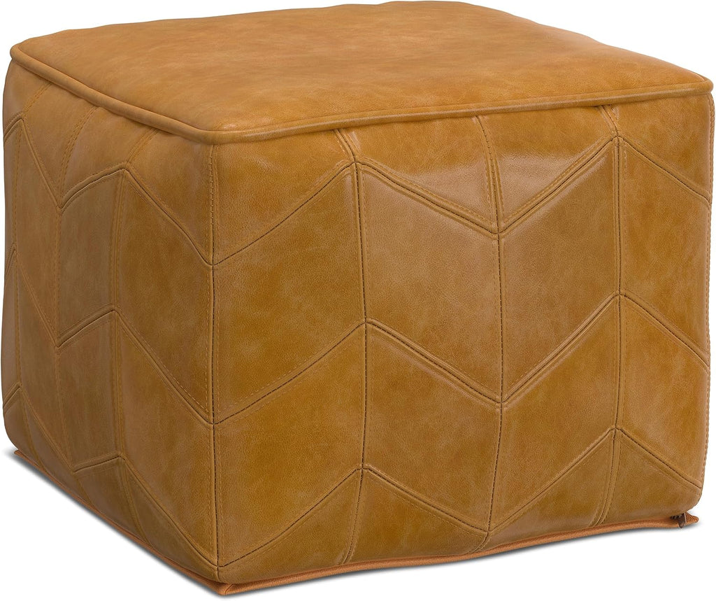 SIMPLIHOME Morden Square Pouf - 18 inch Wide Upholstered Genuine Leather Ottoman in Brown, Contemporary Footstool or Extra Seating for Living Room or Bedroom with Chevron Pattern, Assembled