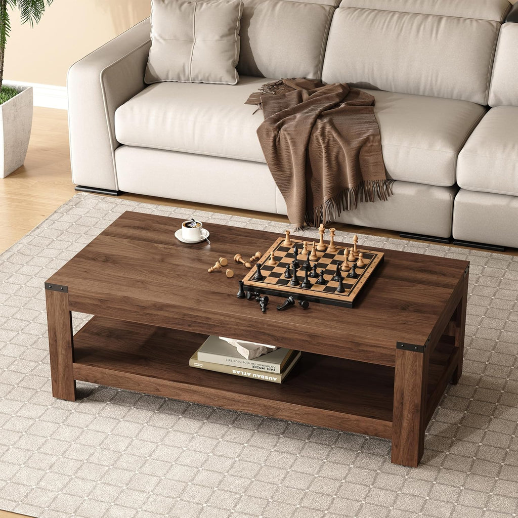 Farmhouse Coffee Table 47.2'', 2-Tier Coffee Table with Storage for Living Room, Modern Rustic Wooden Center Table, Cocktail Tea Table, Easy Assembly