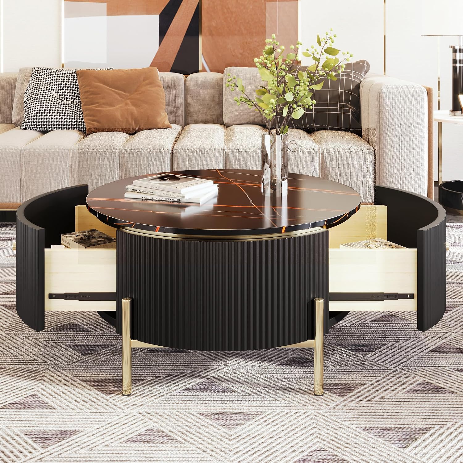 Modern Round Coffee Table with 2 Large Drawers Storage Accent Table for Living Room, Black(31.5'')