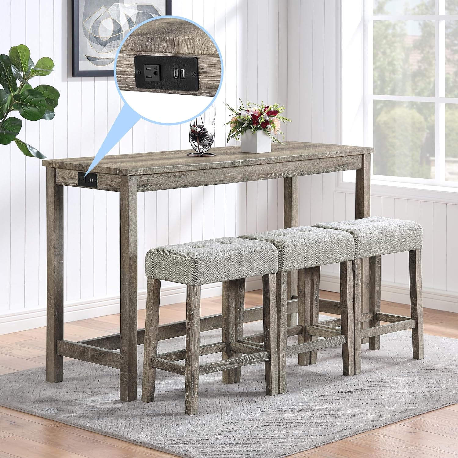 Merax 4 Piece Bar Table Set with Power Outlet,Dining Bar Table and Chairs Set,Industrial Breakfast Table with 3 Padded Stools,for Living Room, Dining Room, Game Room(Brown)