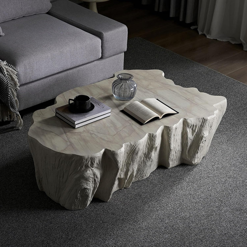 WILLIAMSPACE 48.62' Irregular Coffee Table with Tree Root Design for Living Room, Modern Luxury Fiberglass Center Table with Unique Shape, Accent End Tea Tables for Apartment, No Need Assembly (Beige)