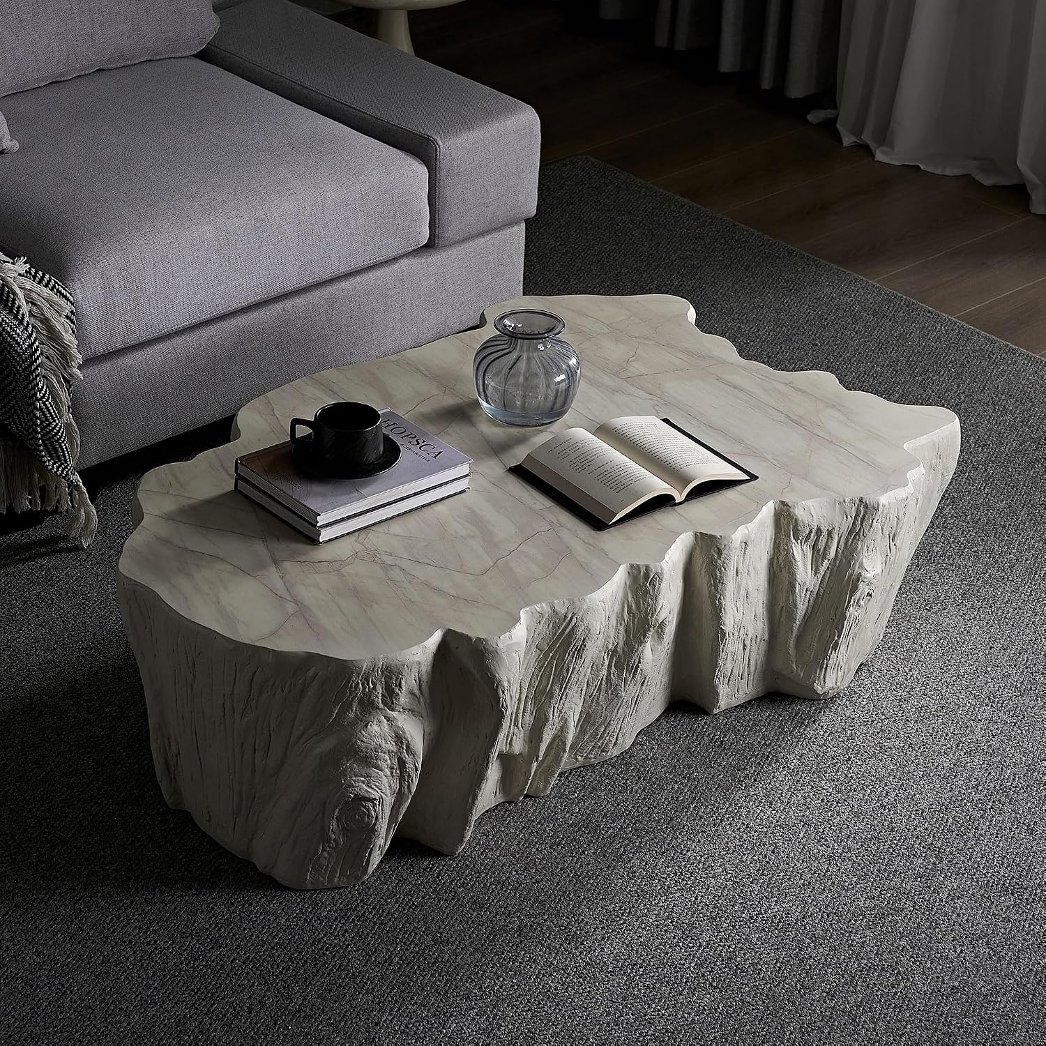WILLIAMSPACE 48.62' Irregular Coffee Table with Tree Root Design for Living Room, Modern Luxury Fiberglass Center Table with Unique Shape, Accent End Tea Tables for Apartment, No Need Assembly (Beige)