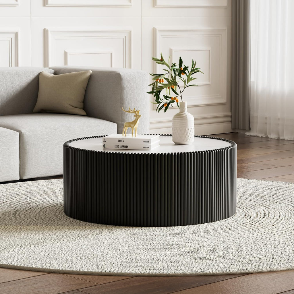 Modern Round Coffee Table Luxury Sintered Stone Top Coffee Table in Black Leatherette Creative Drum-Shape Cocktail Center Table for Living Room Bedroom,Fully Assembled