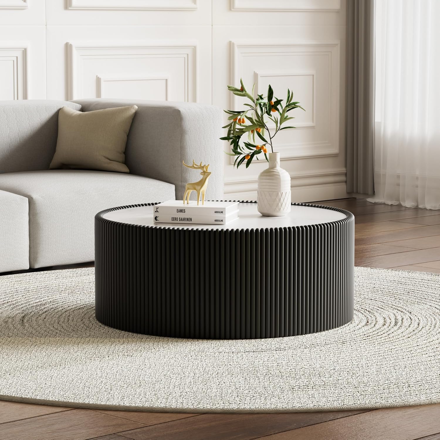 Modern Round Coffee Table Luxury Sintered Stone Top Coffee Table in Black Leatherette Creative Drum-Shape Cocktail Center Table for Living Room Bedroom,Fully Assembled