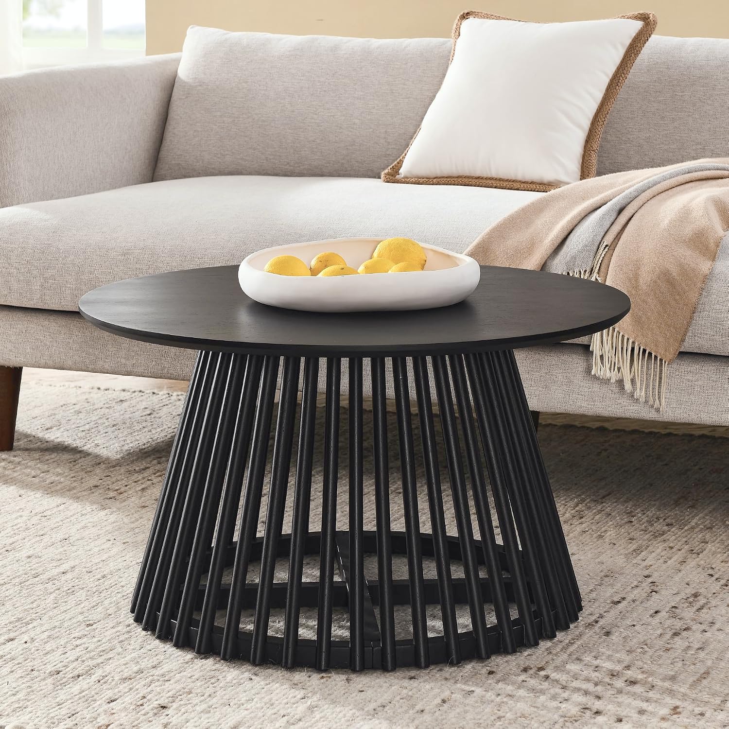 KEVINSPACE Round Coffee Table Solid Wood Nesting End Table Set of 2 Wood Side Table Circle Modern Accent Tables Farmhouse Circle Side Table Sets for Small Spaces Living Room Apartment Bedroom Black