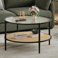 30' Round Rattan Coffee Table, 2-Tier Black Gold Glass Storage Center Table for Living Room, Modern Circle Small Round Coffee Table with Tempered Water-Wave Glass Top & Metal Frame for Bedroom, Office