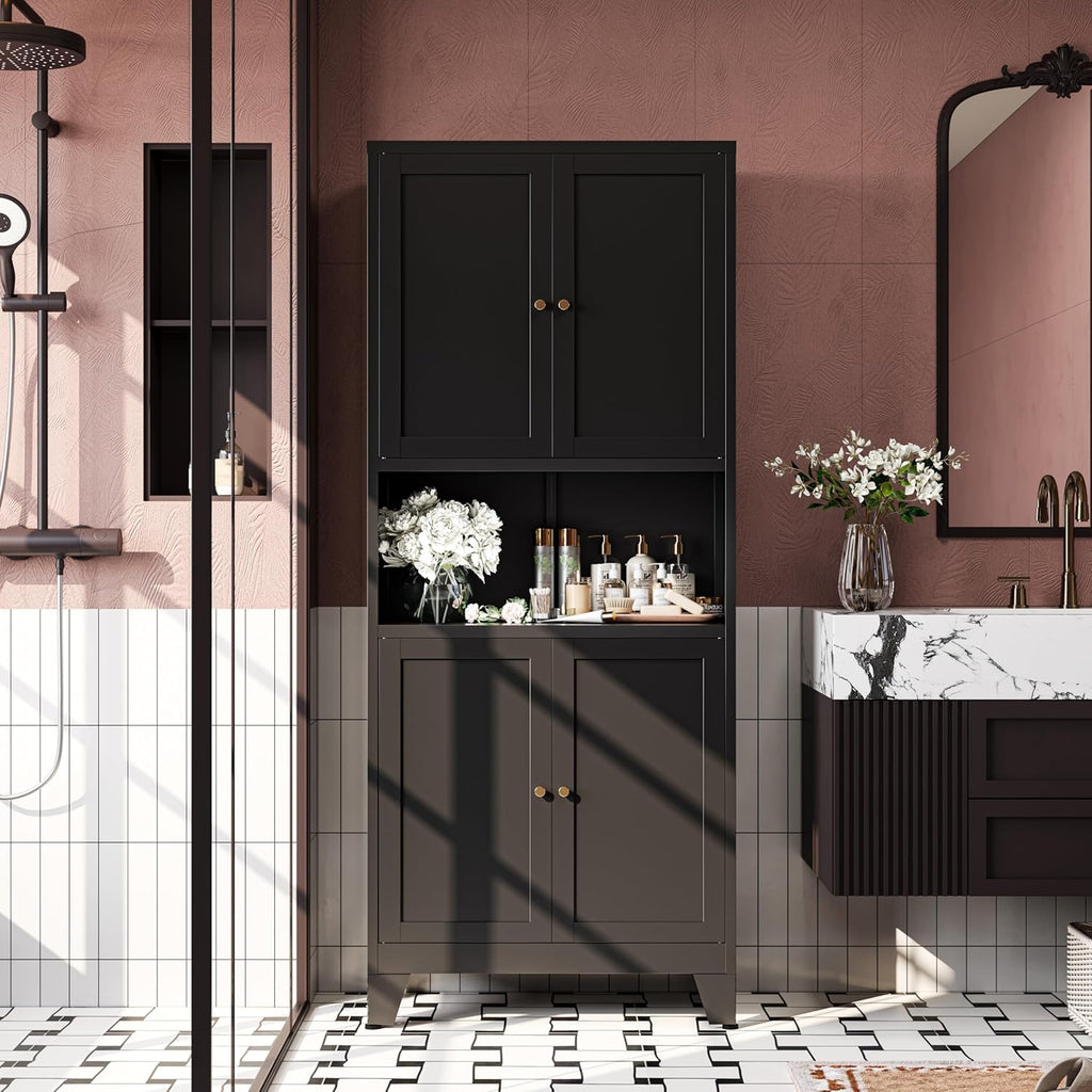 69' H Kitchen Pantry Cabinet with Countertop,Kitchen Hutch Cabinet with Storage,Black Metal Storage Cabinet,Microwave Cabinet,