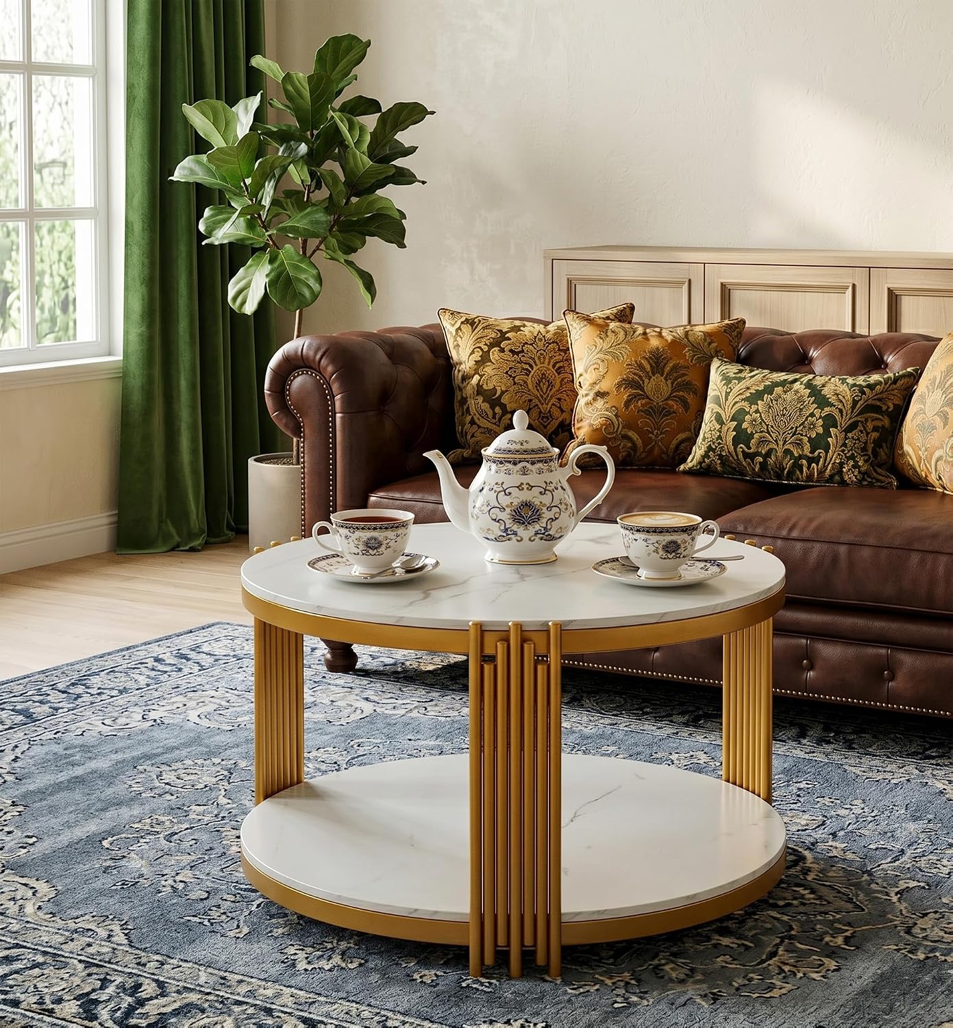 Round Marble Coffee Table Luxury 2-Tier Center Coffee Table with Gold Metal Frame Modern Living Room Table Elegant White Accent Cocktail Tea Table with Storage Shelves